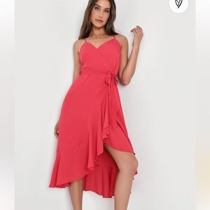 Lulu’s Manhattan Moment Berry Pink Ruffled Midi Wrap Dress